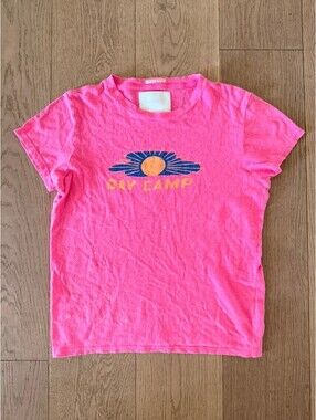 MOTHER The Lil Sinful Day Camp Neon Pink Graphic Tee Cotton Linen Womens M
